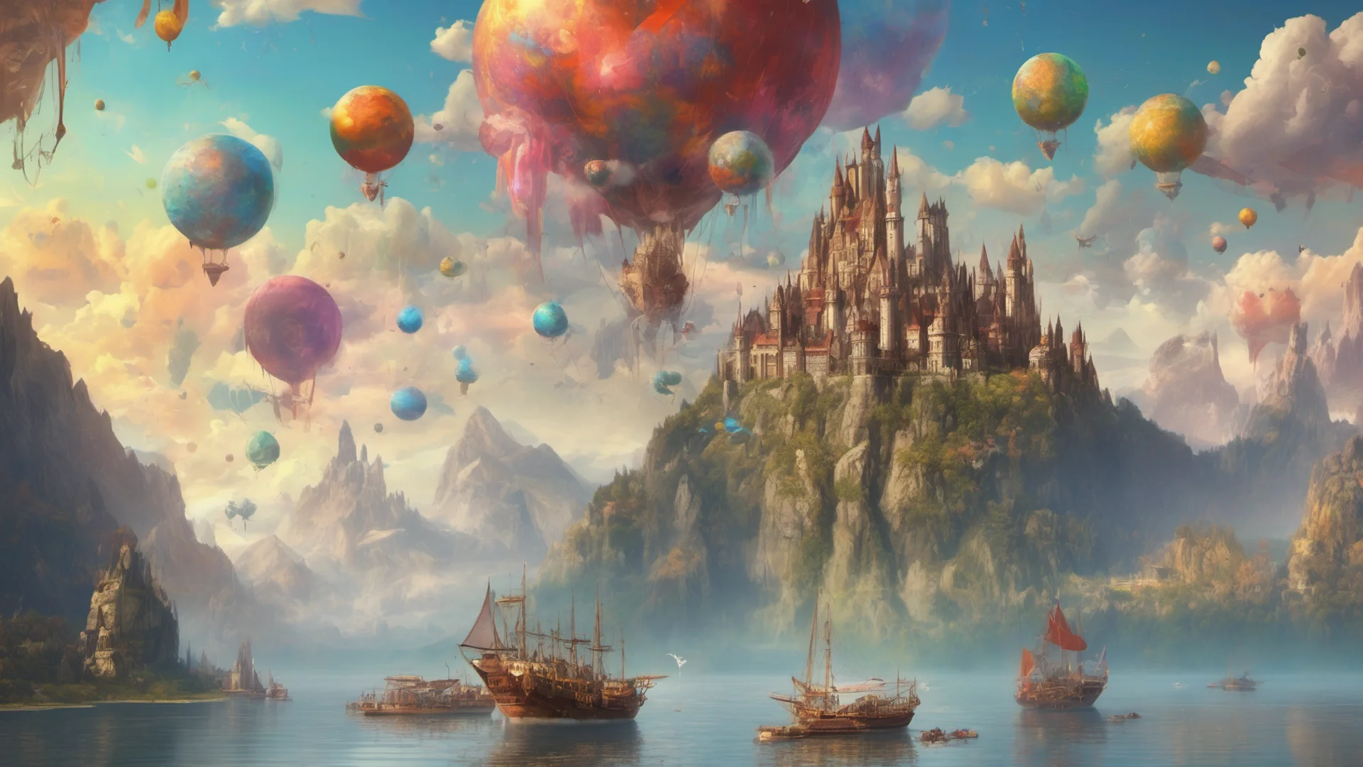 aiepic fantasy environment castle on tall mountain lakes sky with many colorful planets boats sailing airships and blimps floating   good looking trending fantastic 1 wide
