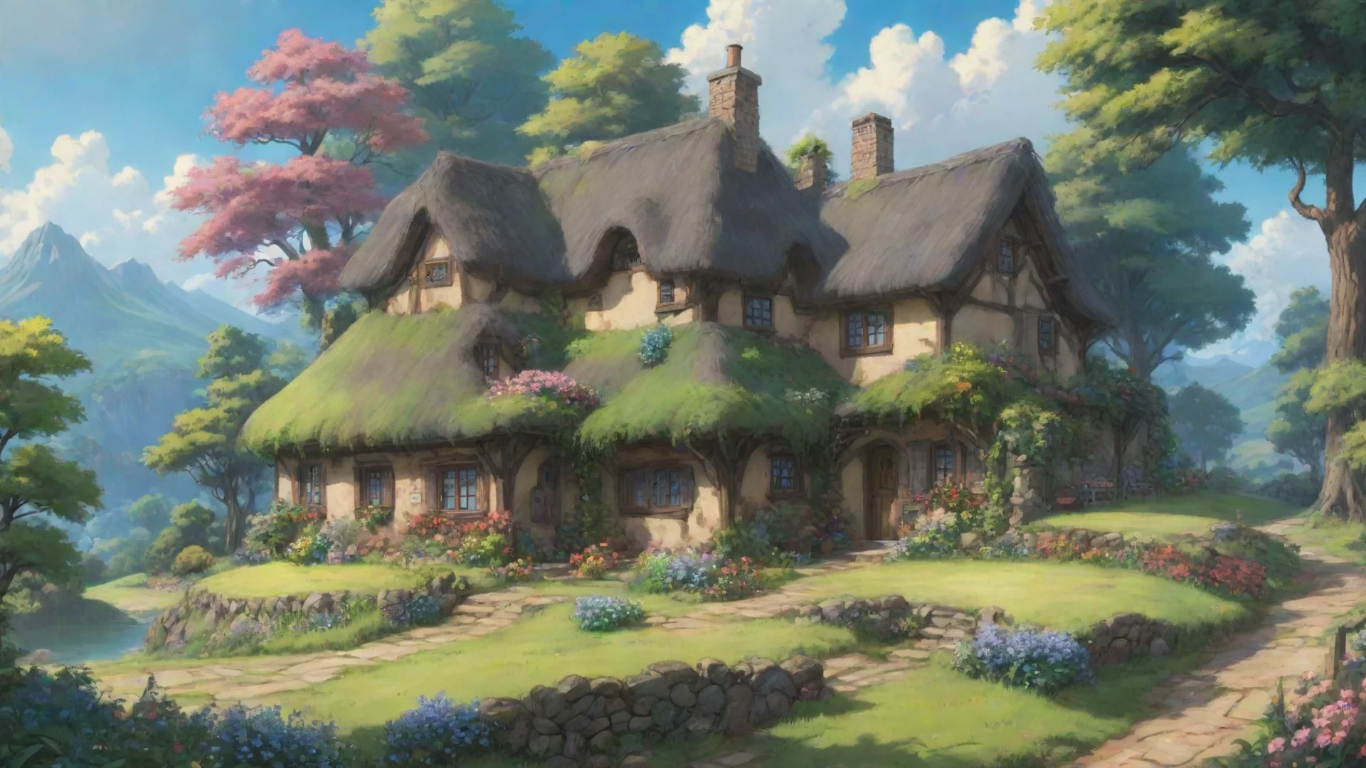 aiepic landscape sweet cottage interesting plants anime hd ghibli wide