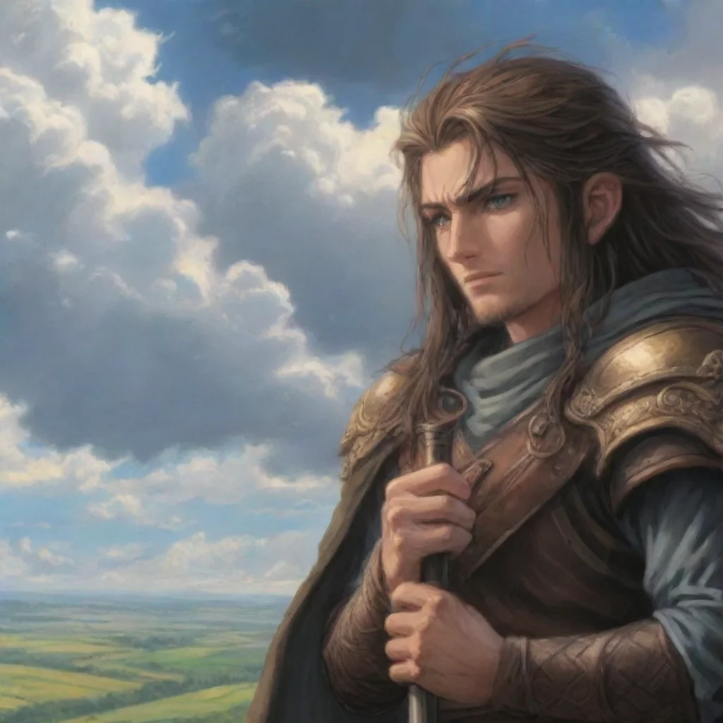 epic swordsman anime lords of the rings looking out over plains hd anime cell drawing clouds warrior