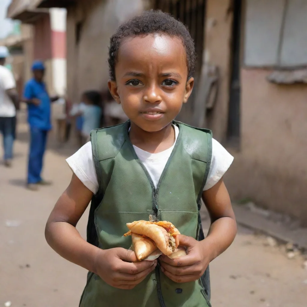 aiethiopian midget in a press bullet proof vest holding shawarma