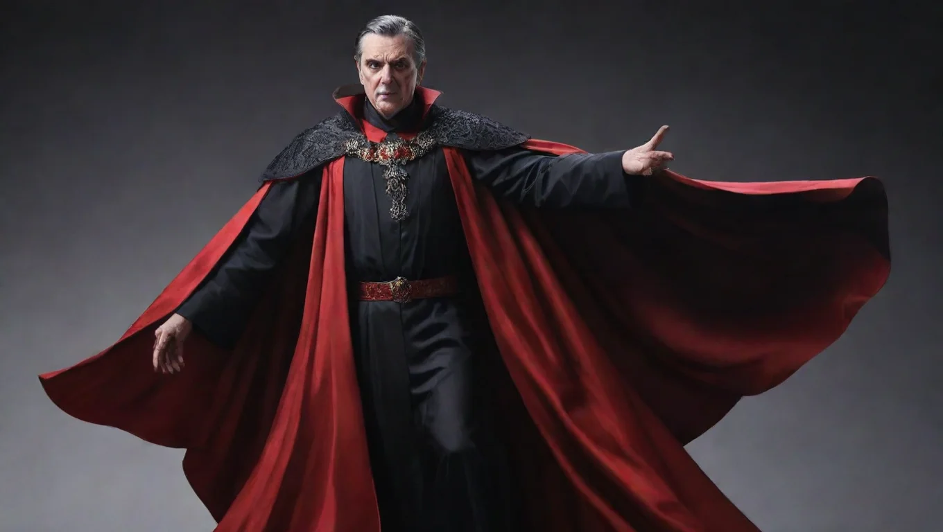 aievil emperor in waving regal robes and cape black and red hyperrealism widescreen