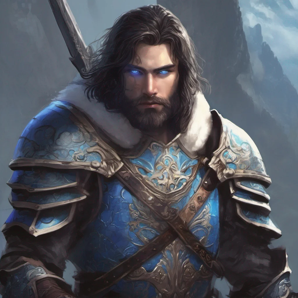 aifantasy art beauty grace beard man god short dark hair armor sword blue eyes confident engaging wow artstation art 3