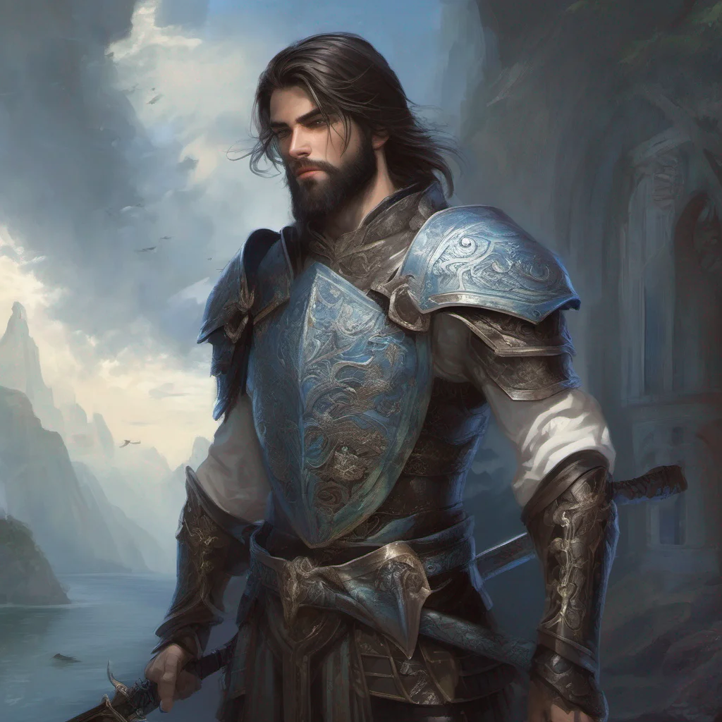 aifantasy art beauty grace beard man god short dark hair armor sword blue eyes good looking trending fantastic 1