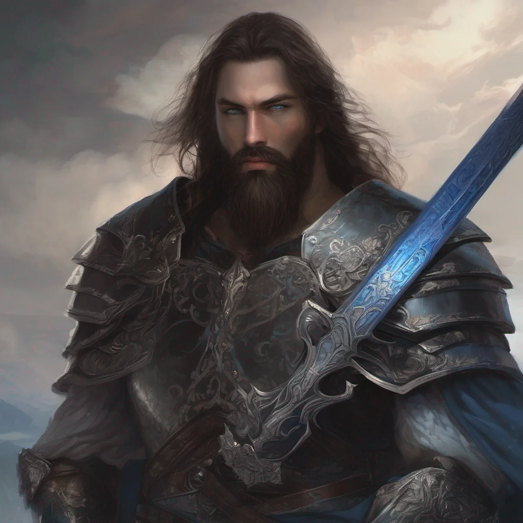 fantasy art beauty grace bearded man dark hair armor sword blue eyes confident engaging wow artstation art 3