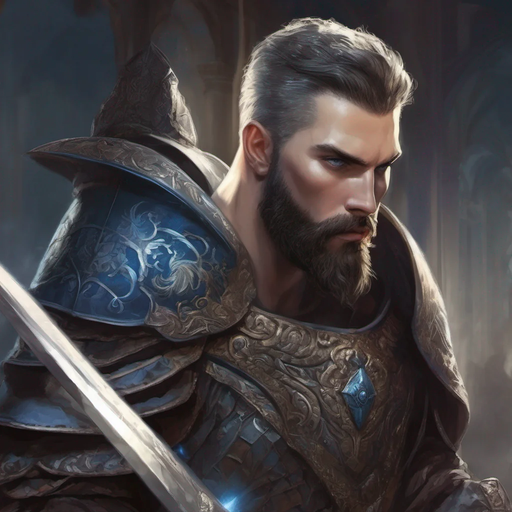 aifantasy art beauty grace bearded man short dark hair armor sword blue eyes confident engaging wow artstation art 3