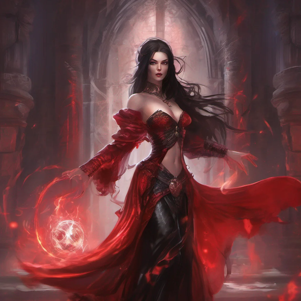 aifantasy art dark hair seductive evil princess mage magic soceress red
