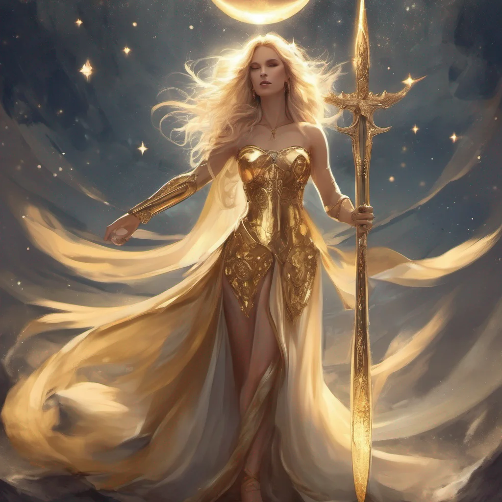 fantasy art goddess beauty grace seductive golden dress blonde stars sun moon celestial sword confident engaging wow artstation art 3