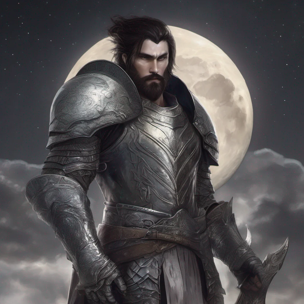 aifantasy art man short dark hair beard moon silver armor confident engaging wow artstation art 3