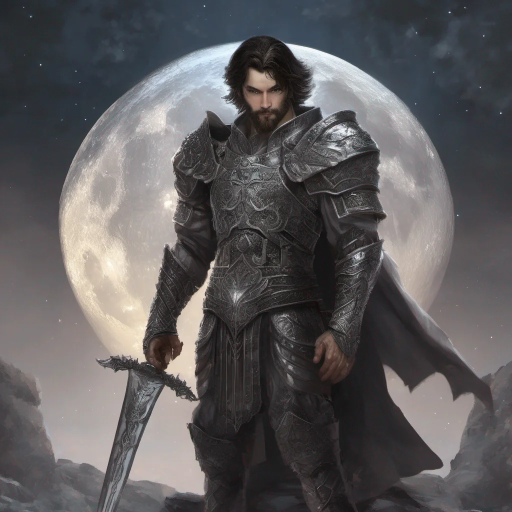 aifantasy art man short dark hair beard moon silver glitter armor sword good looking trending fantastic 1