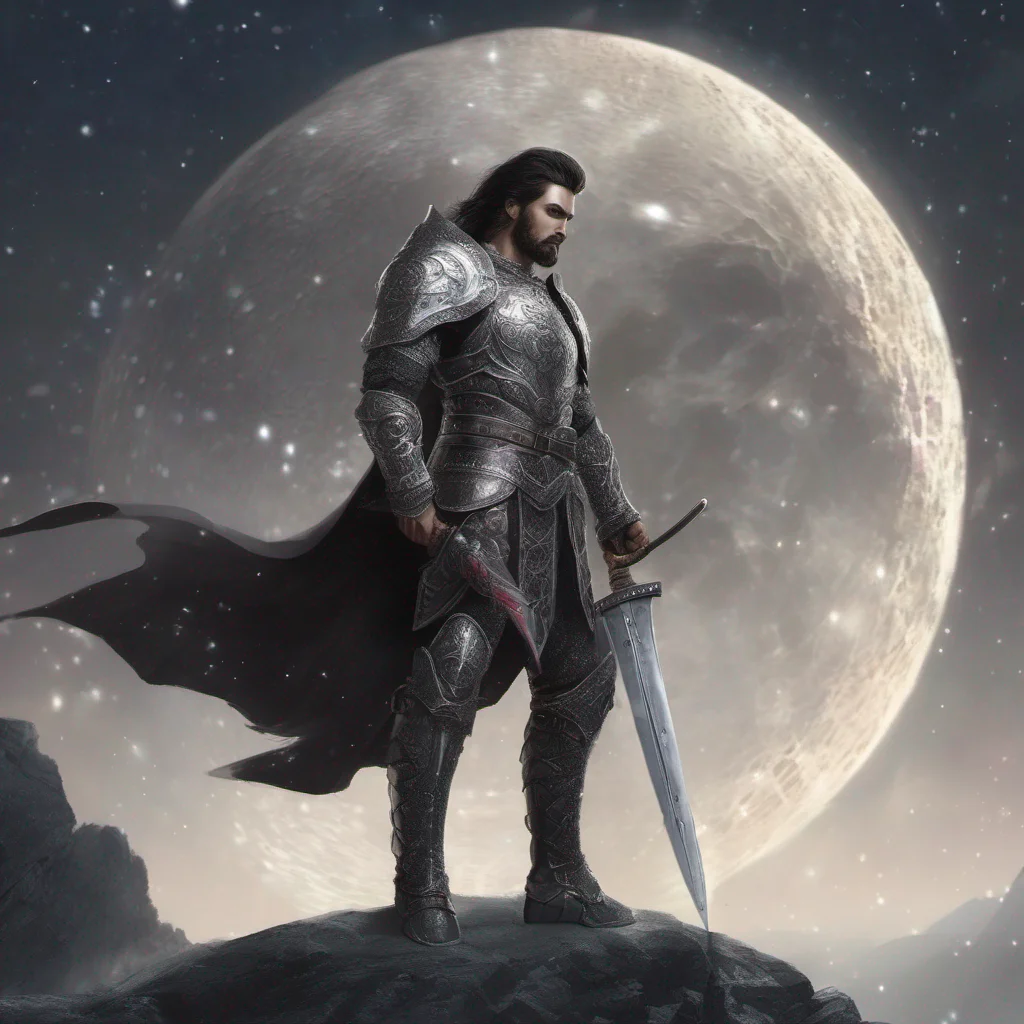 aifantasy art man short dark hair beard moon silver glitter armor sword