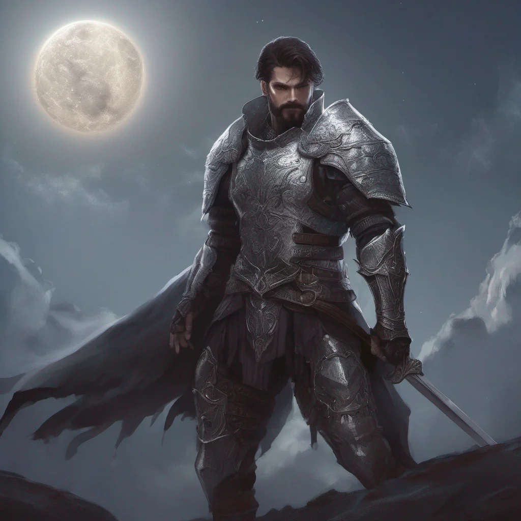 aifantasy art man short hair dark hair beard moon silver armor sword confident engaging wow artstation art 3