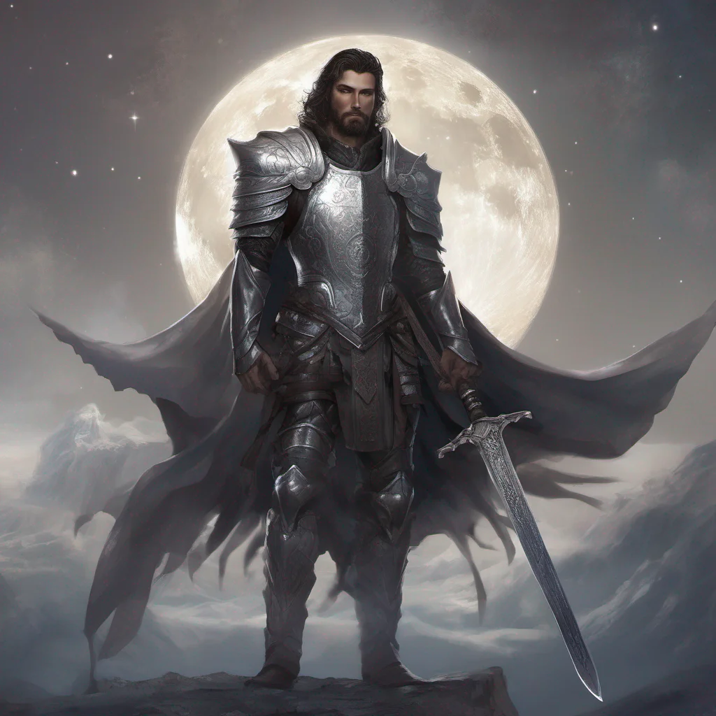 aifantasy art man short hair dark hair beard moon silver armor sword god ethereal shimmer amazing awesome portrait 2