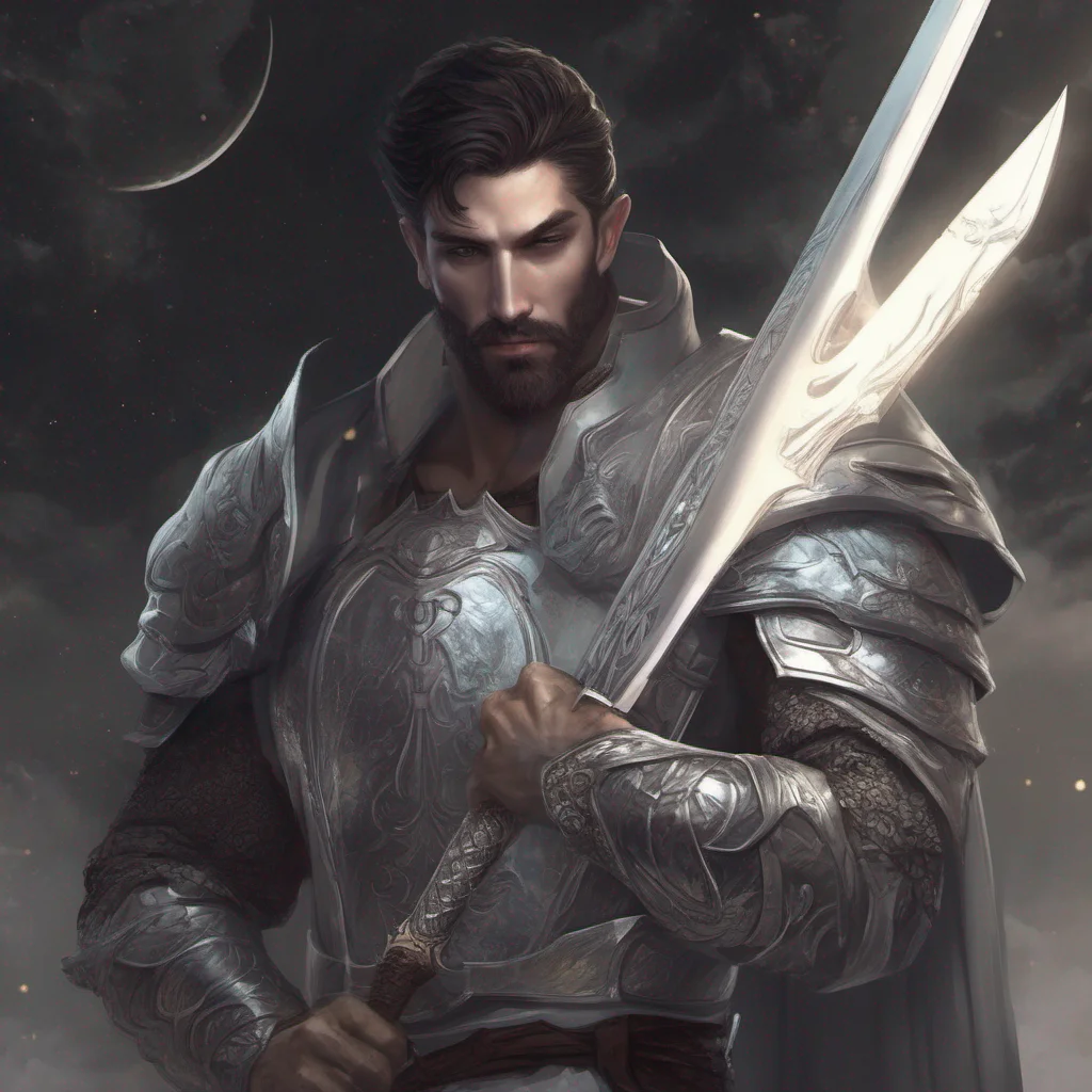 fantasy art man short hair dark hair beard moon silver armor sword god ethereal shimmer confident engaging wow artstation art 3
