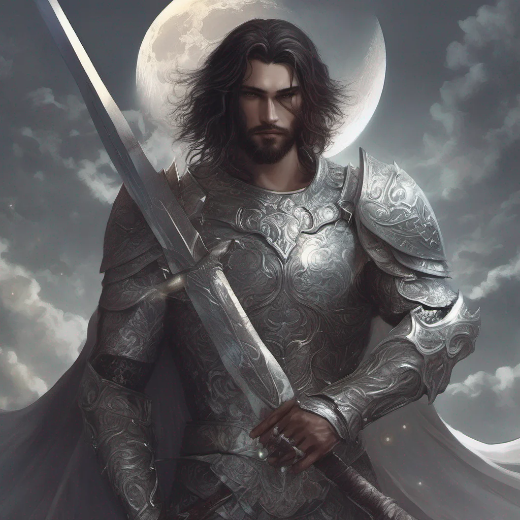 aifantasy art man short hair dark hair beard moon silver armor sword god ethereal shimmer good looking trending fantastic 1