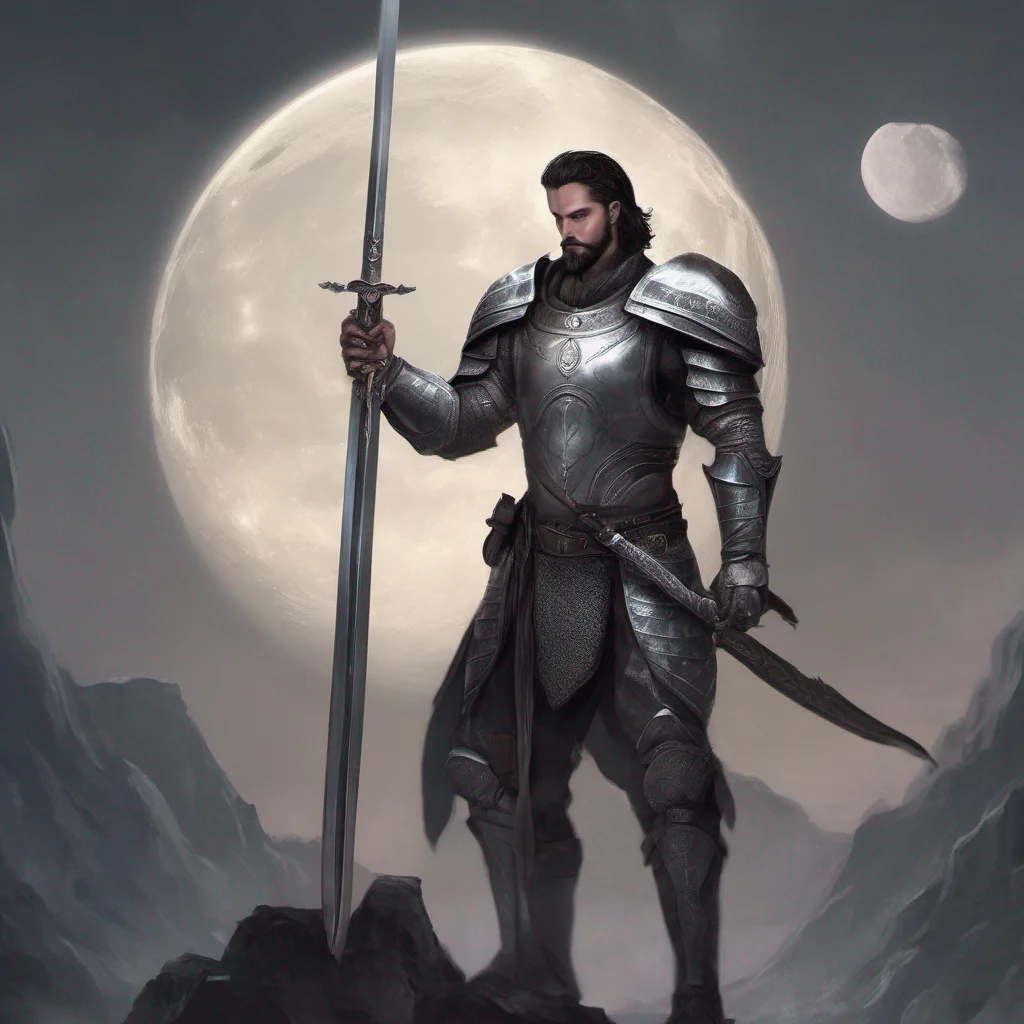 fantasy art man short hair dark hair beard moon silver armor sword