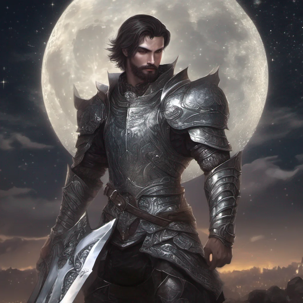 aifantasy art man short hair dark hair beard moon silver glitter armor sword amazing awesome portrait 2