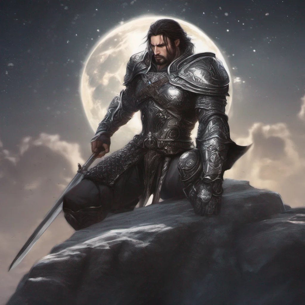 fantasy art man short hair dark hair beard moon silver glitter armor sword confident engaging wow artstation art 3