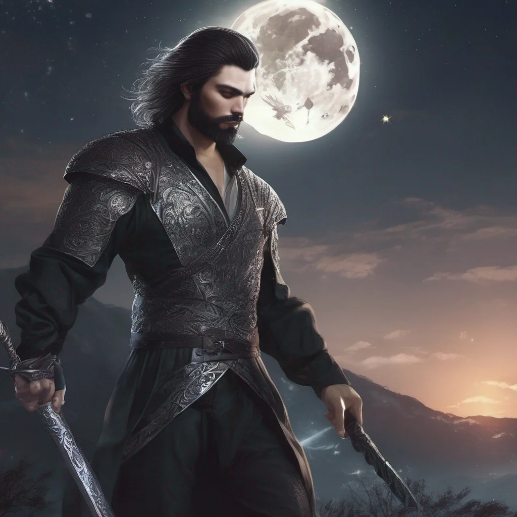 fantasy art man short hair dark hair beard moon silver glitter sword good looking trending fantastic 1