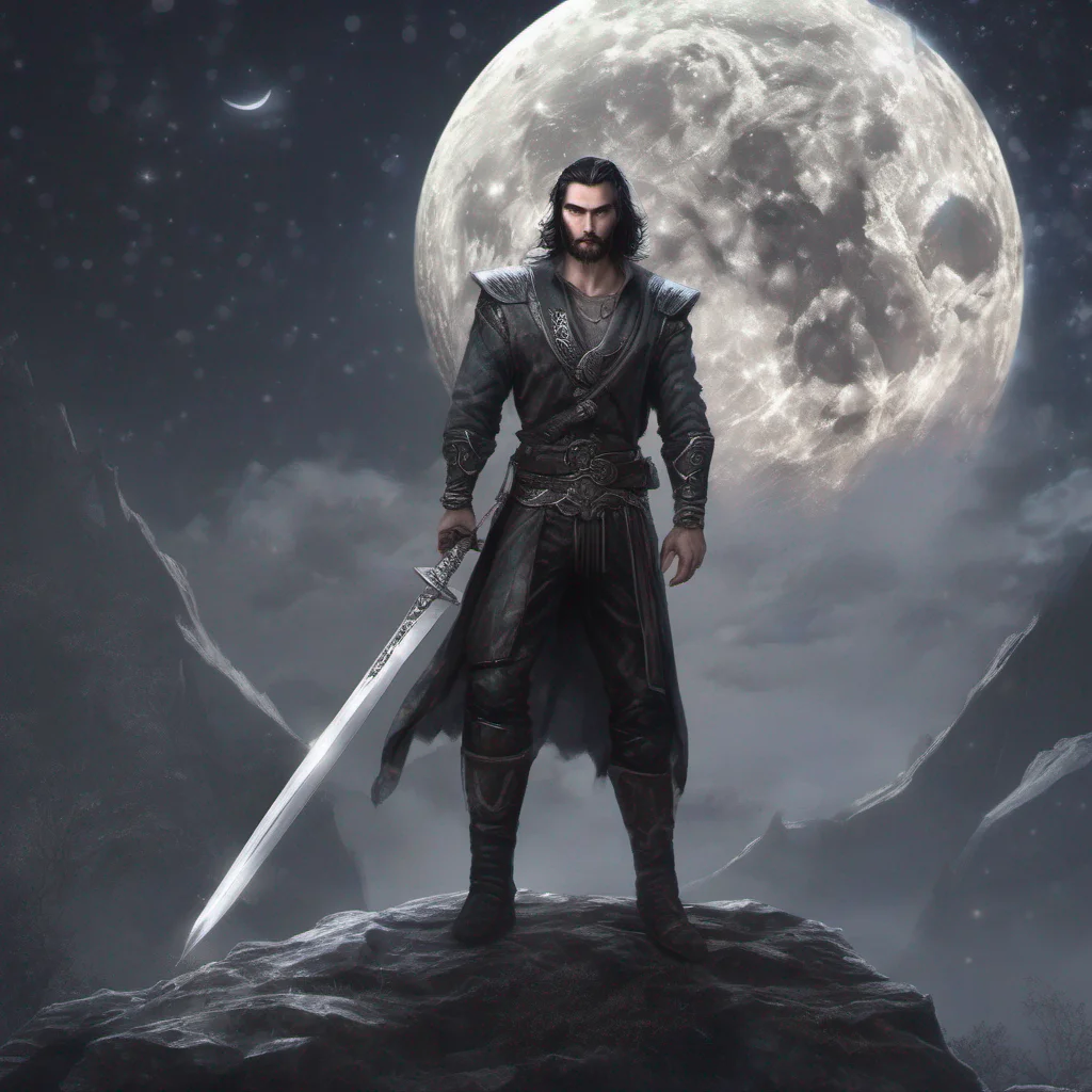 fantasy art man short hair dark hair beard moon silver glitter sword