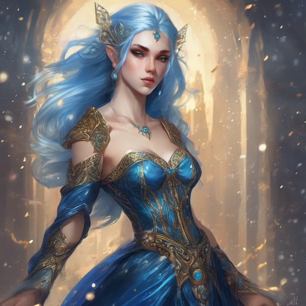 fantasy art medieval dress fantasy elf goddess sparkle shimmer glitter battle blue hair confident engaging wow artstation art 3
