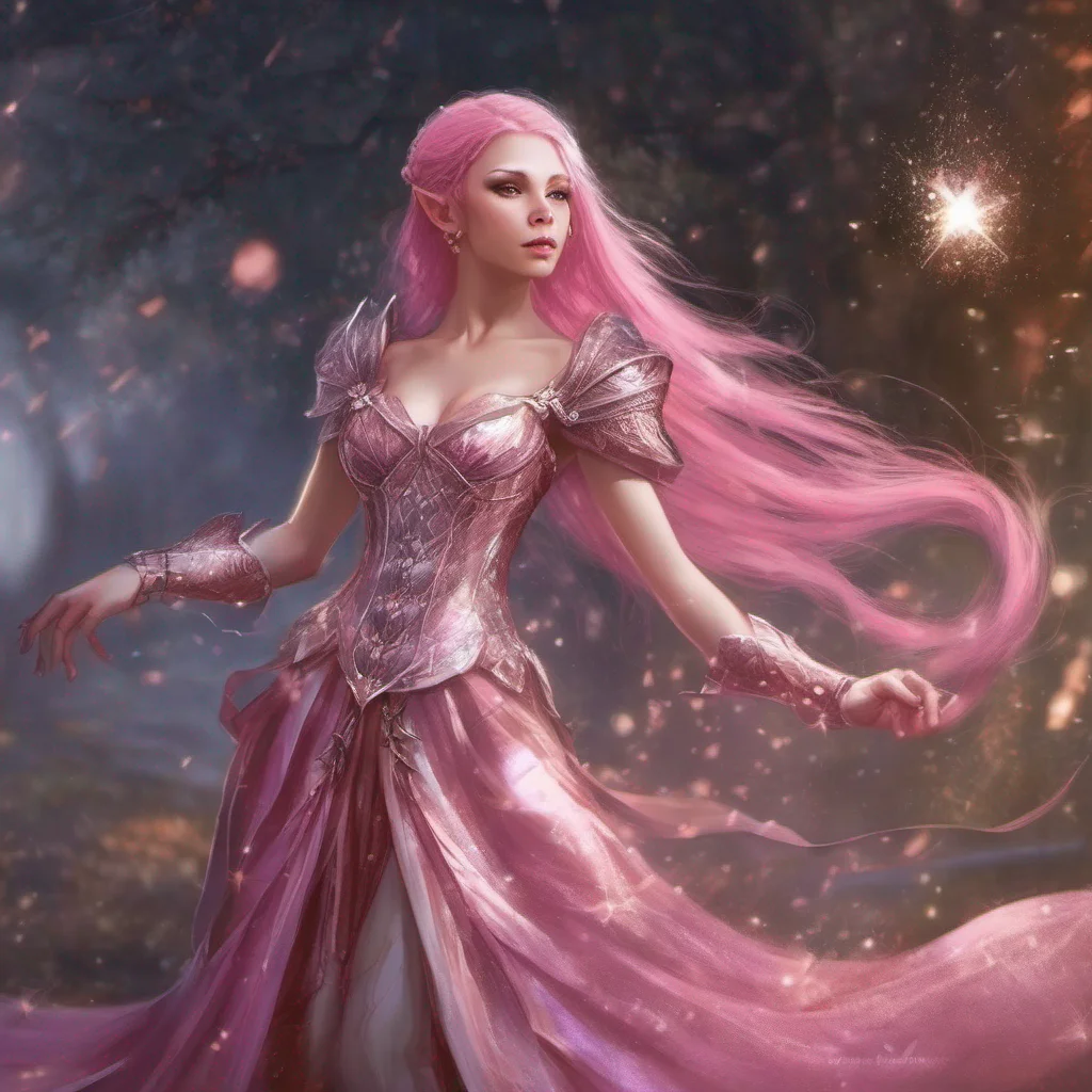 fantasy art medieval dress fantasy elf goddess sparkle shimmer glitter battle pink hair confident engaging wow artstation art 3