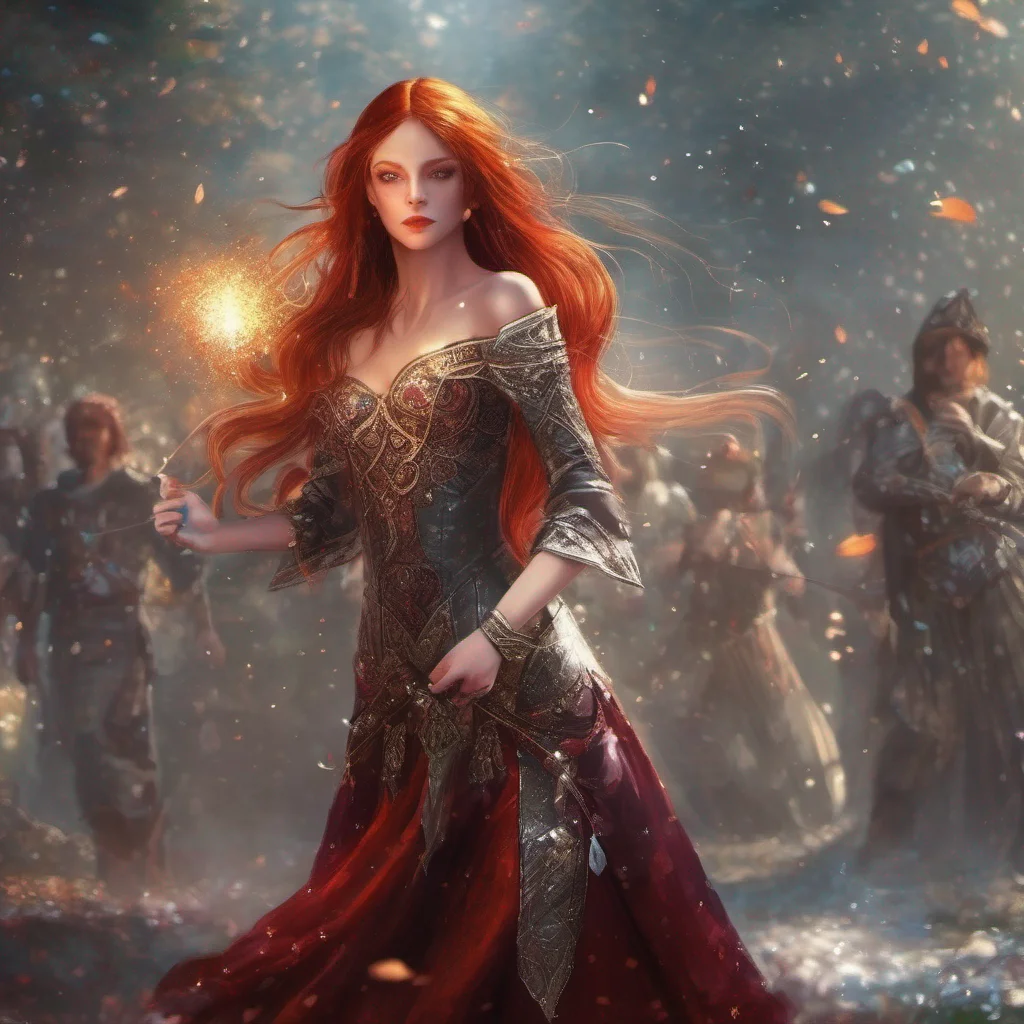 fantasy art medieval dress fantasy elf goddess sparkle shimmer glitter battle red hair confident engaging wow artstation art 3