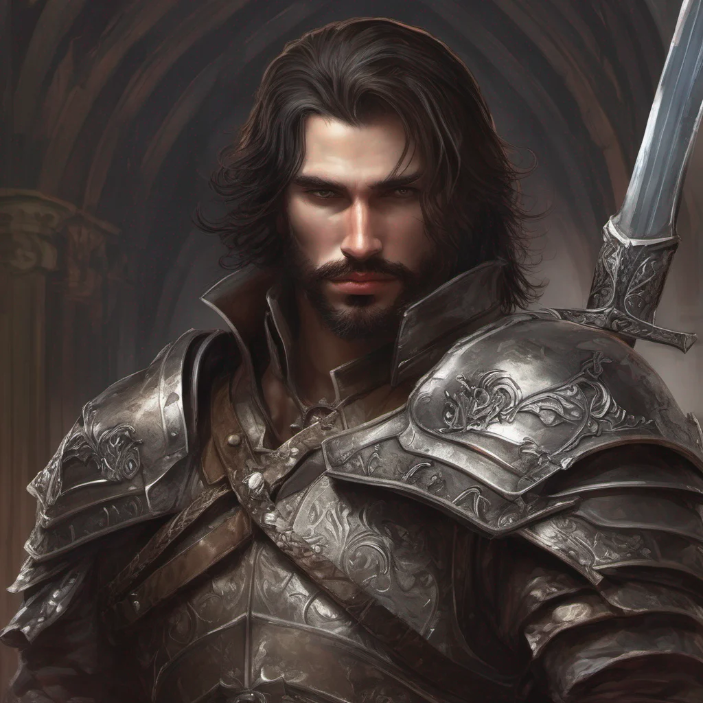 aifantasy art seductive man beard dark hair short hair armor sword castle