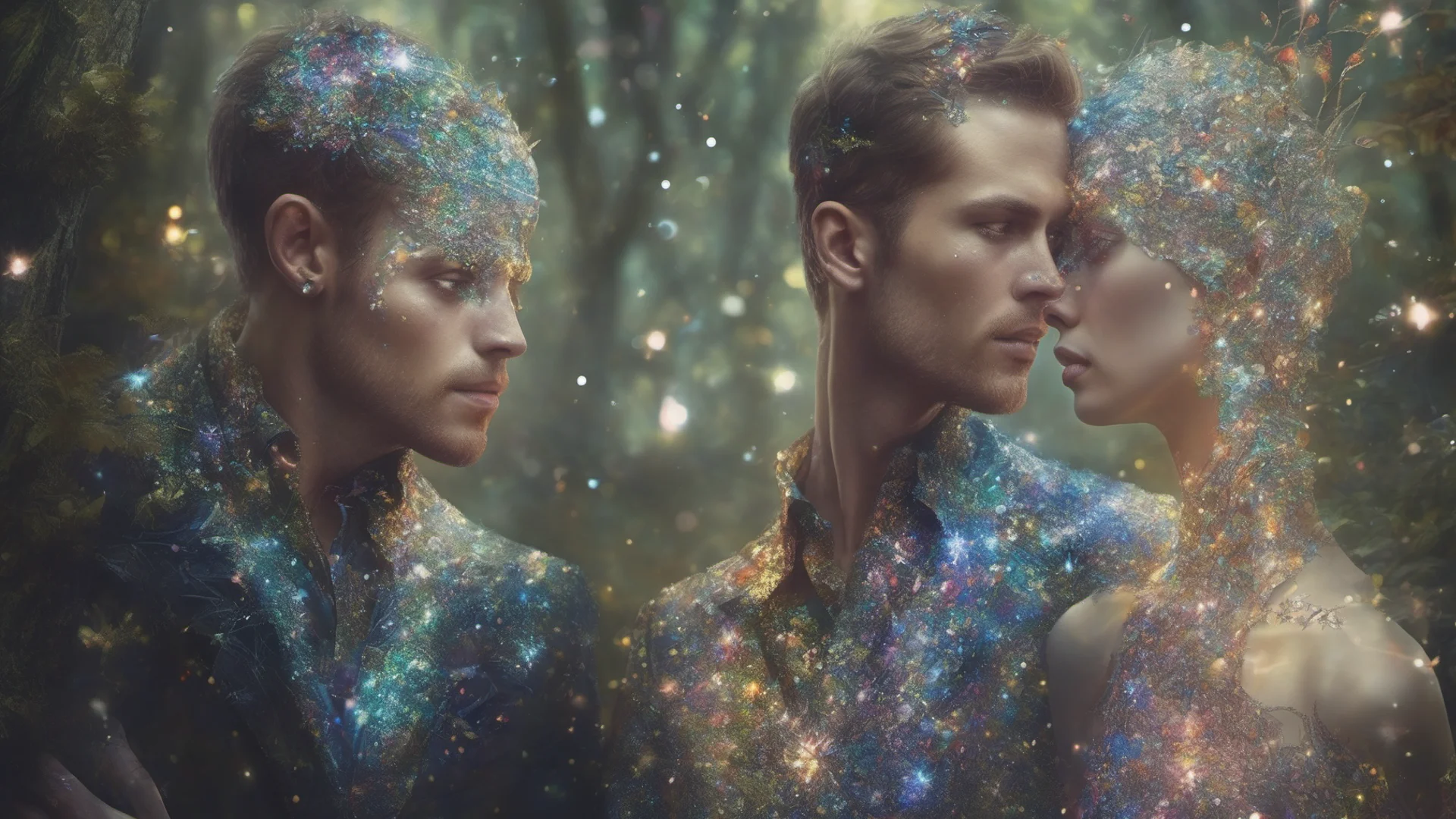 fantasy art two men one woman sparkle glitter shimmer forest  amazing awesome portrait 2 confident engaging wow artstation art 3 wide