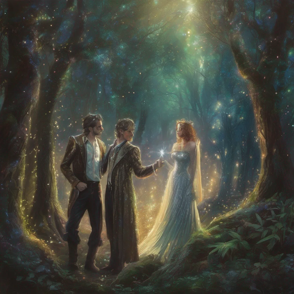 fantasy art two men one woman sparkle glitter shimmer forest 
