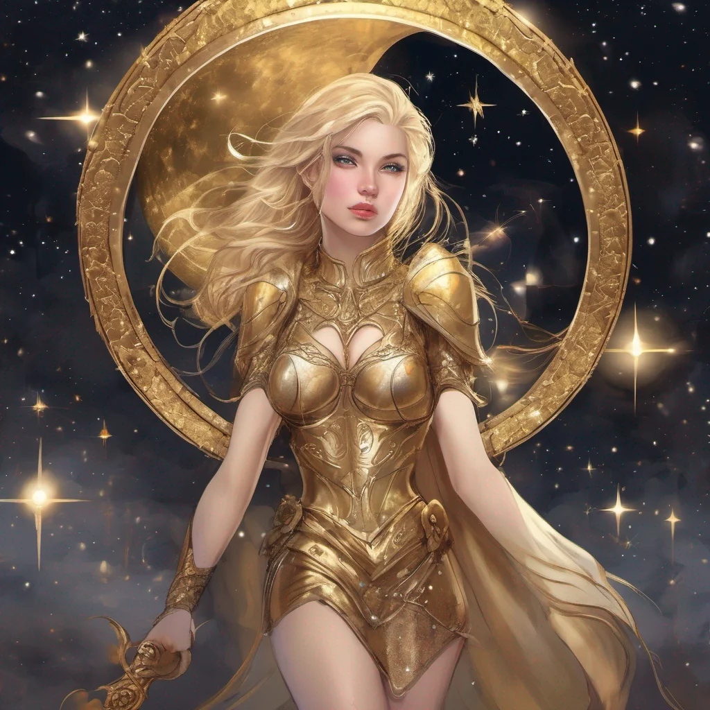 aifantasy art warrior seductive beauty grace blonde golden armor magic glitter stardust night sky sun moon stars golden stars on cheeks confident engaging wow artstation art 3