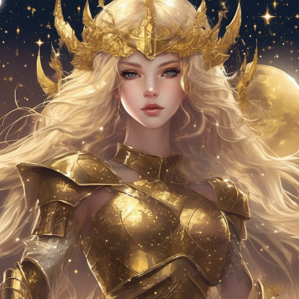 aifantasy art warrior seductive beauty grace blonde golden armor magic glitter stardust night sky sun moon stars golden stars on cheeks good looking trending fantastic 1