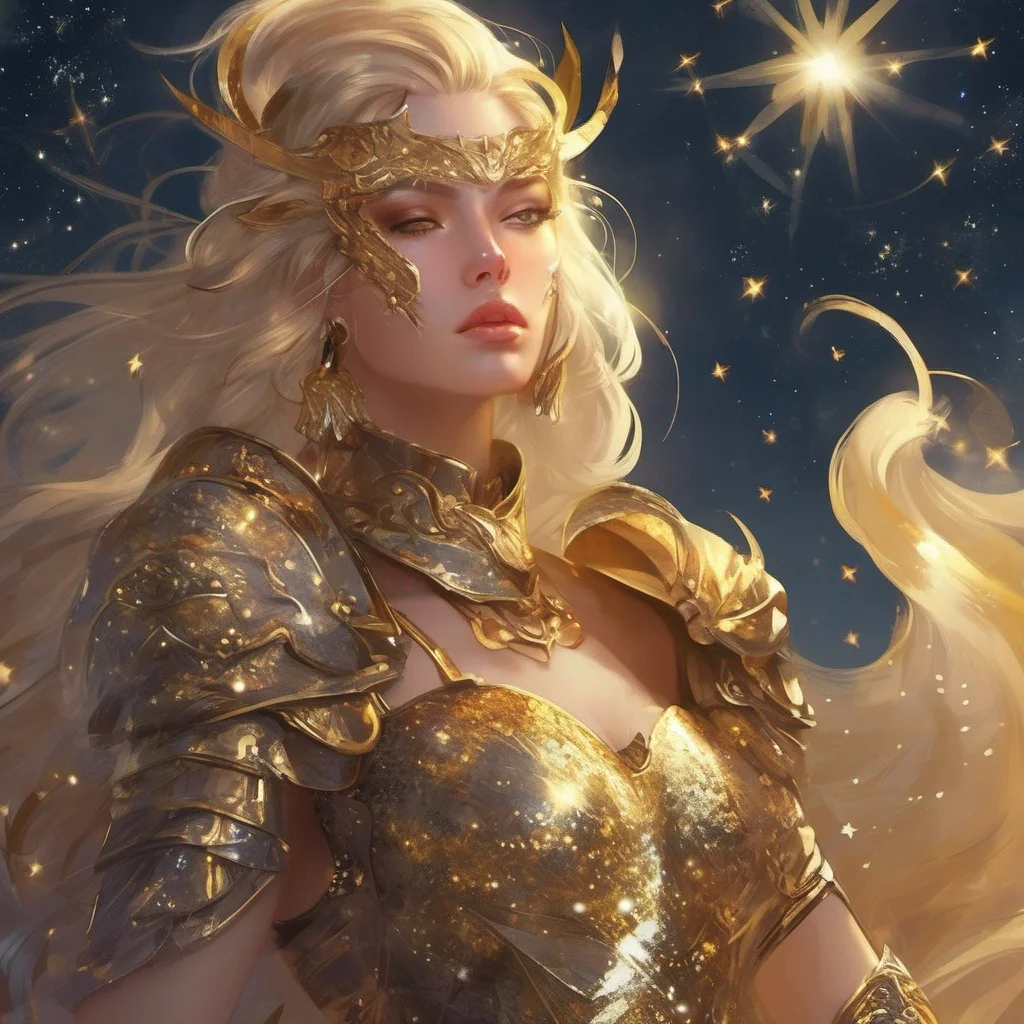 aifantasy art warrior seductive beauty grace blonde golden armor magic glitter stardust night sky sun moon stars golden stars on cheeks