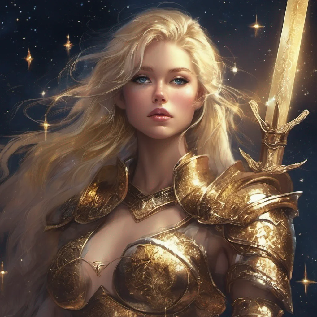 aifantasy art warrior seductive beauty grace blonde golden armor magic glitter stardust night sky sun moon stars sword golden stars on cheeks amazing awesome portrait 2