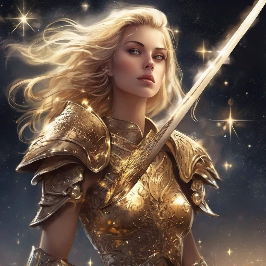 aifantasy art warrior seductive beauty grace blonde golden armor magic glitter stardust night sky sun moon stars sword golden stars on cheeks confident engaging wow artstation art 3