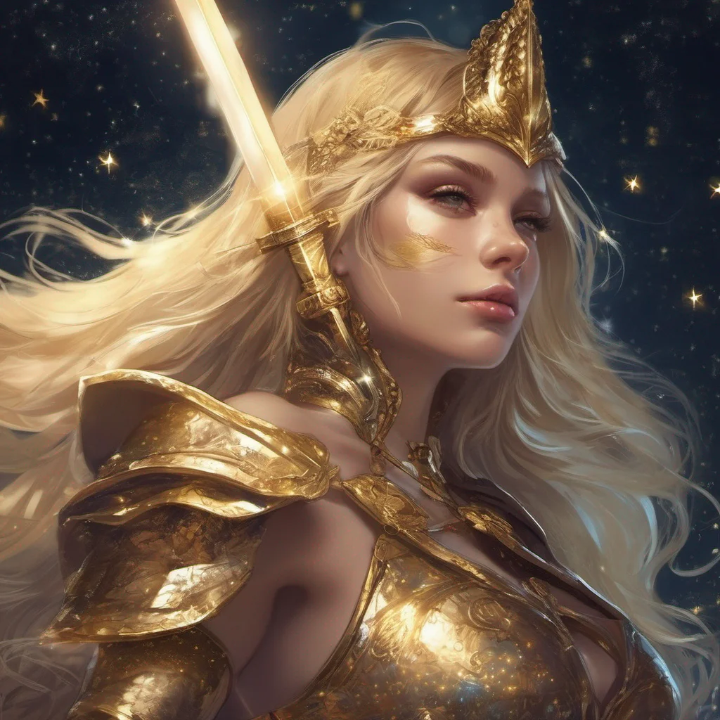 aifantasy art warrior seductive beauty grace blonde golden armor magic glitter stardust night sky sun moon stars sword golden stars on cheeks good looking trending fantastic 1