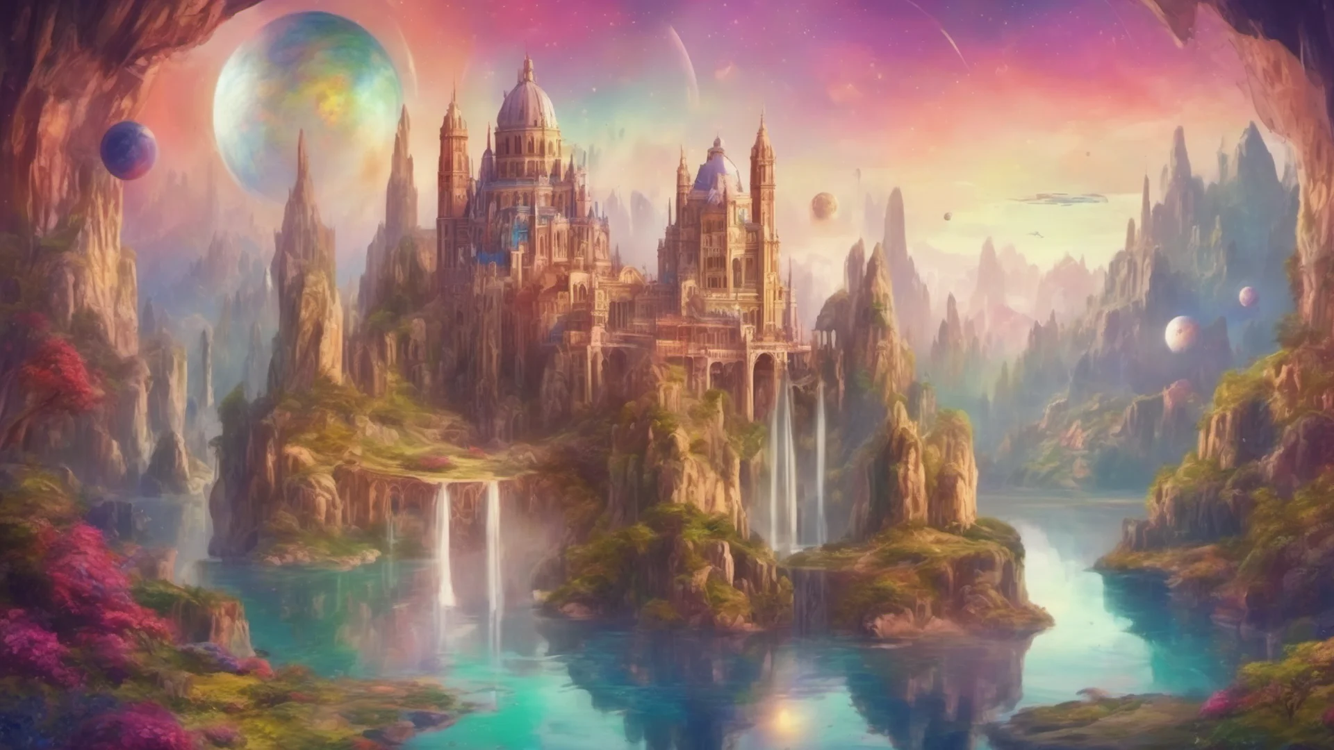 aifantasy landscape colorful palace royal cathedrals on cliffs islands relaxing stary ethereal sky realistic planets high circle colorful earth like planet amazing awesome portrait 2 wide
