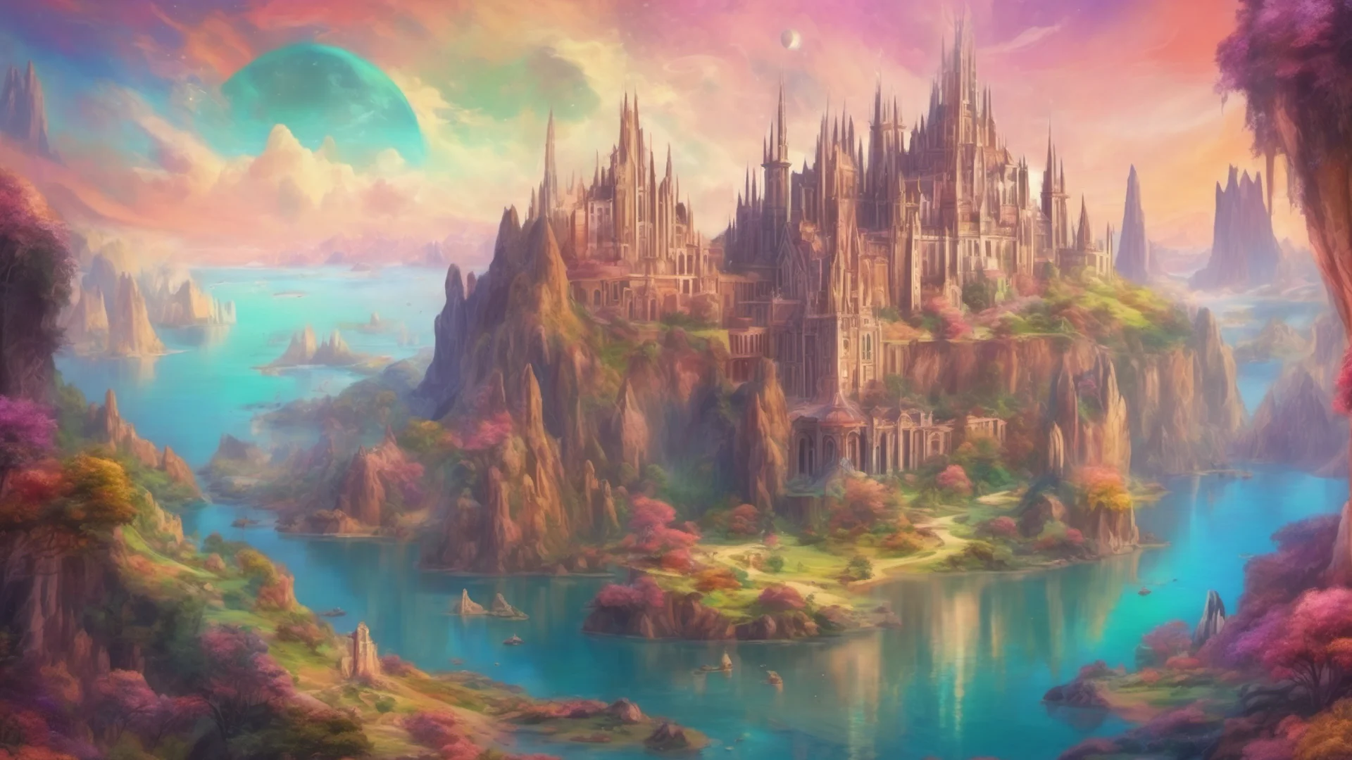 aifantasy landscape colorful palace royal cathedrals on cliffs islands relaxing stary ethereal sky realistic planets high circle colorful earth like planet good looking trending fantastic 1 wide