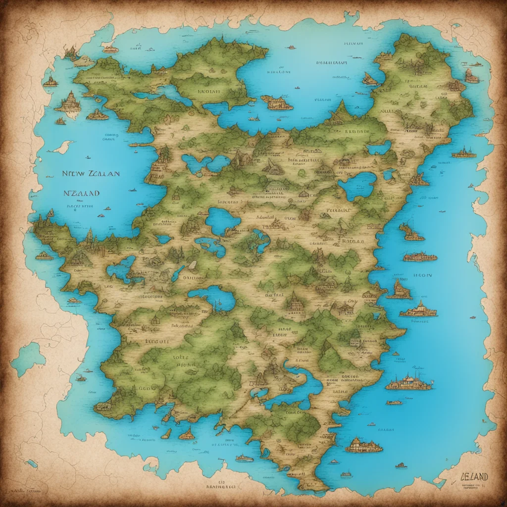 fantasy map of new zealand with made up places and towns with imaginary names amazing awesome portrait 2
