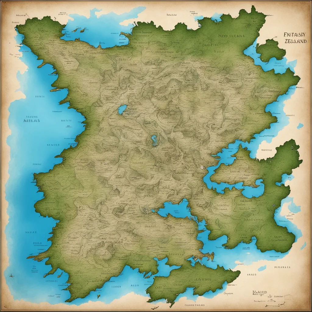 aifantasy map of new zealand with made up places and towns with imaginary names