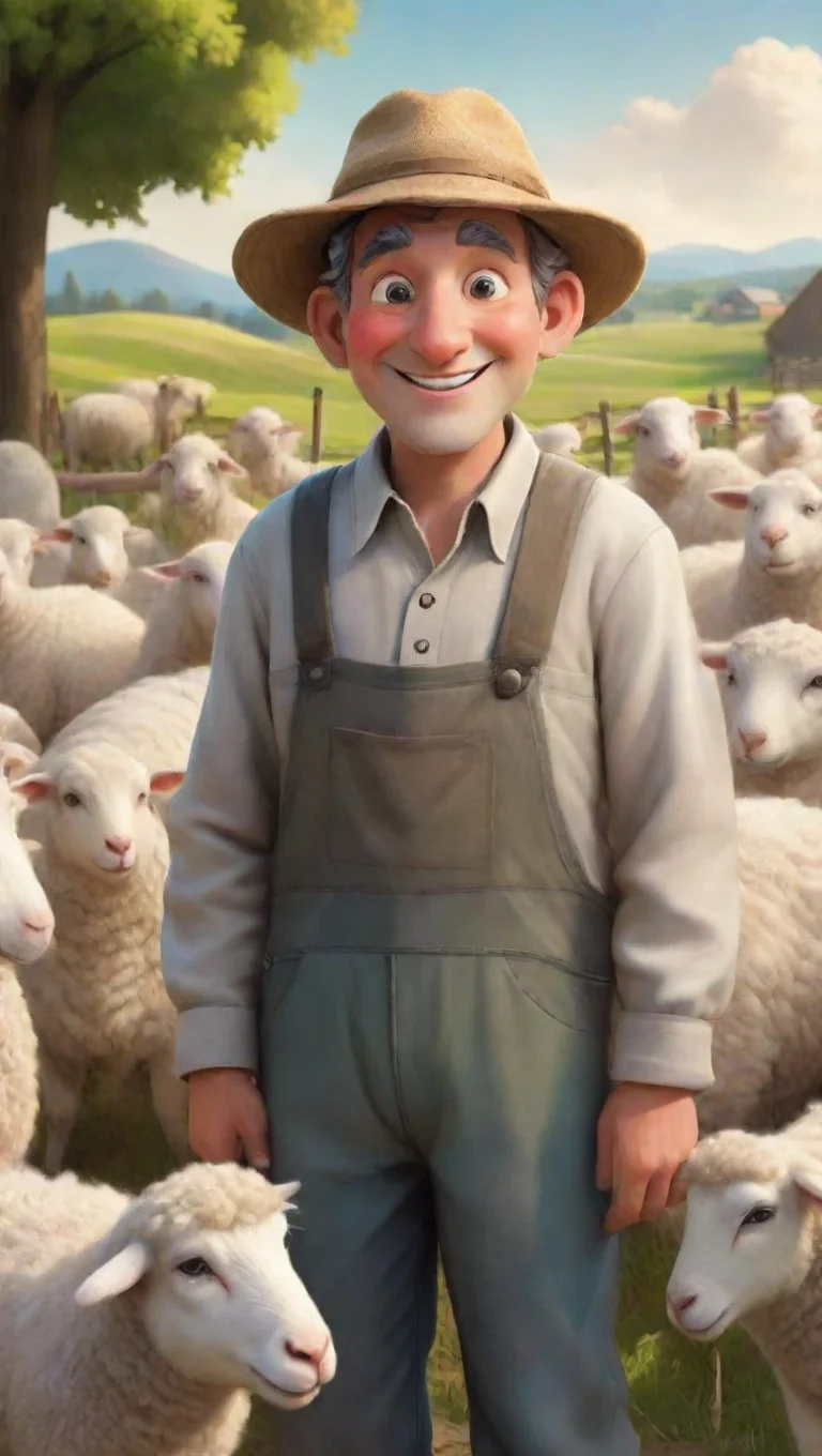 farmer with sheep hd detailed aesthetic cartoon realistic happy kind tall