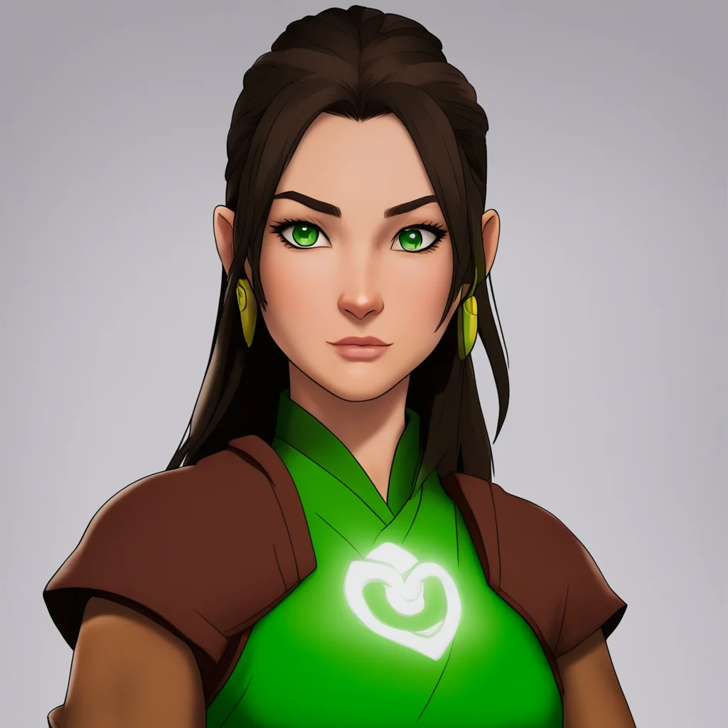 aifemale airbender with dark brown hair and green hazel eyes 
