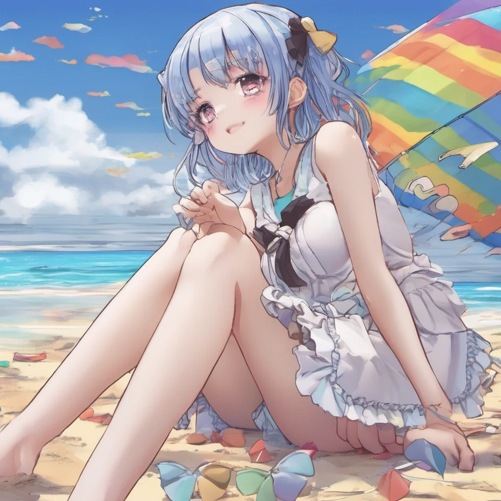 female loli on beach lewd rainbow in background blue skies amazing awesome portrait 2
