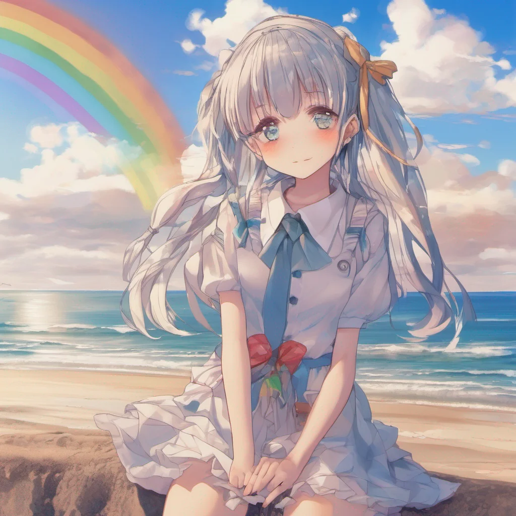 aifemale loli on beach lewd rainbow in background blue skies