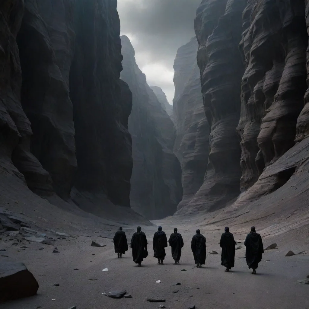 figures walking through black dark canyon alien world