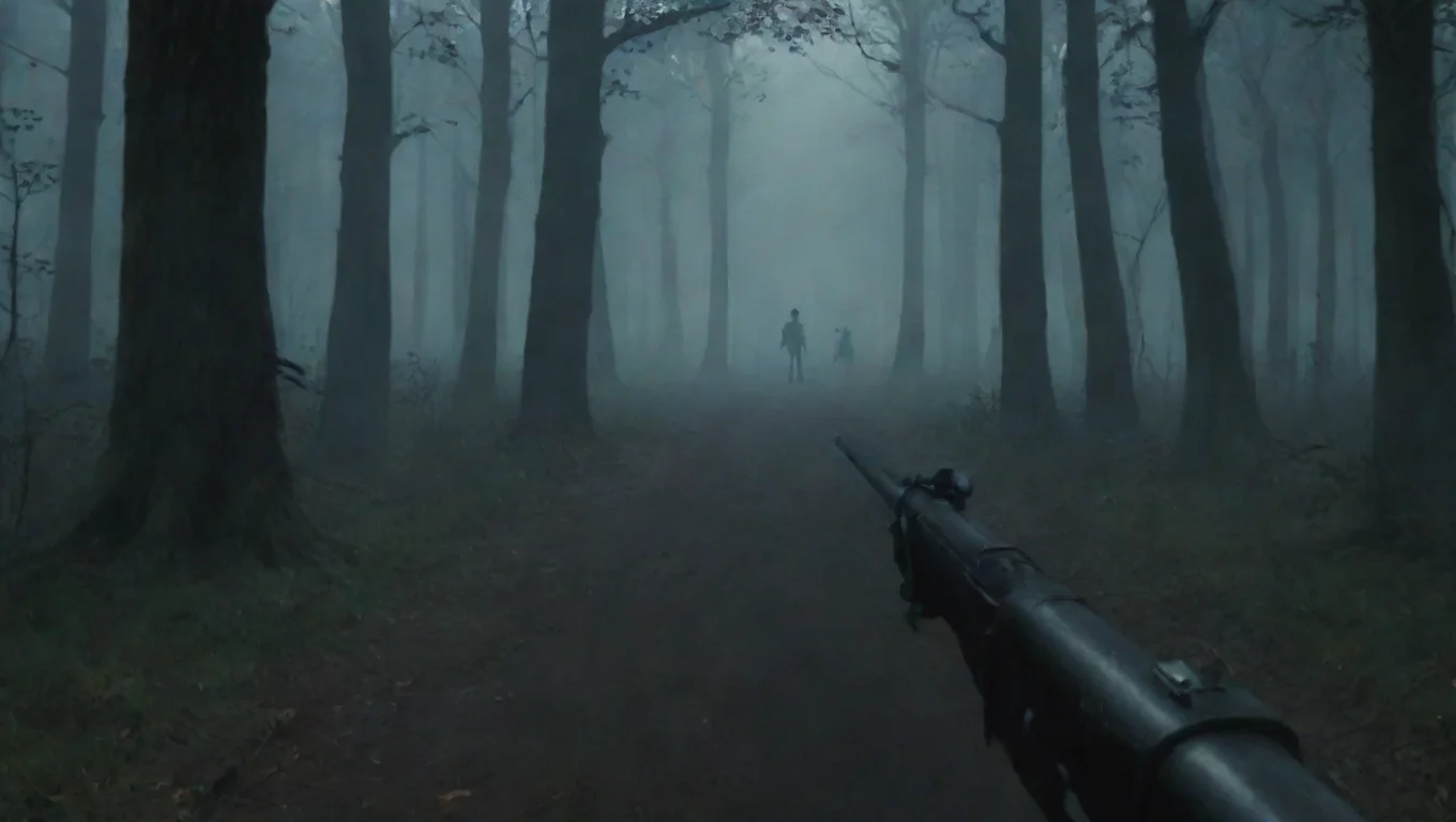 aifirst person old rifle anime at vampire approaching in woods first person hd ghibli anime aesthetic dark horror 1800 vibe widescreen