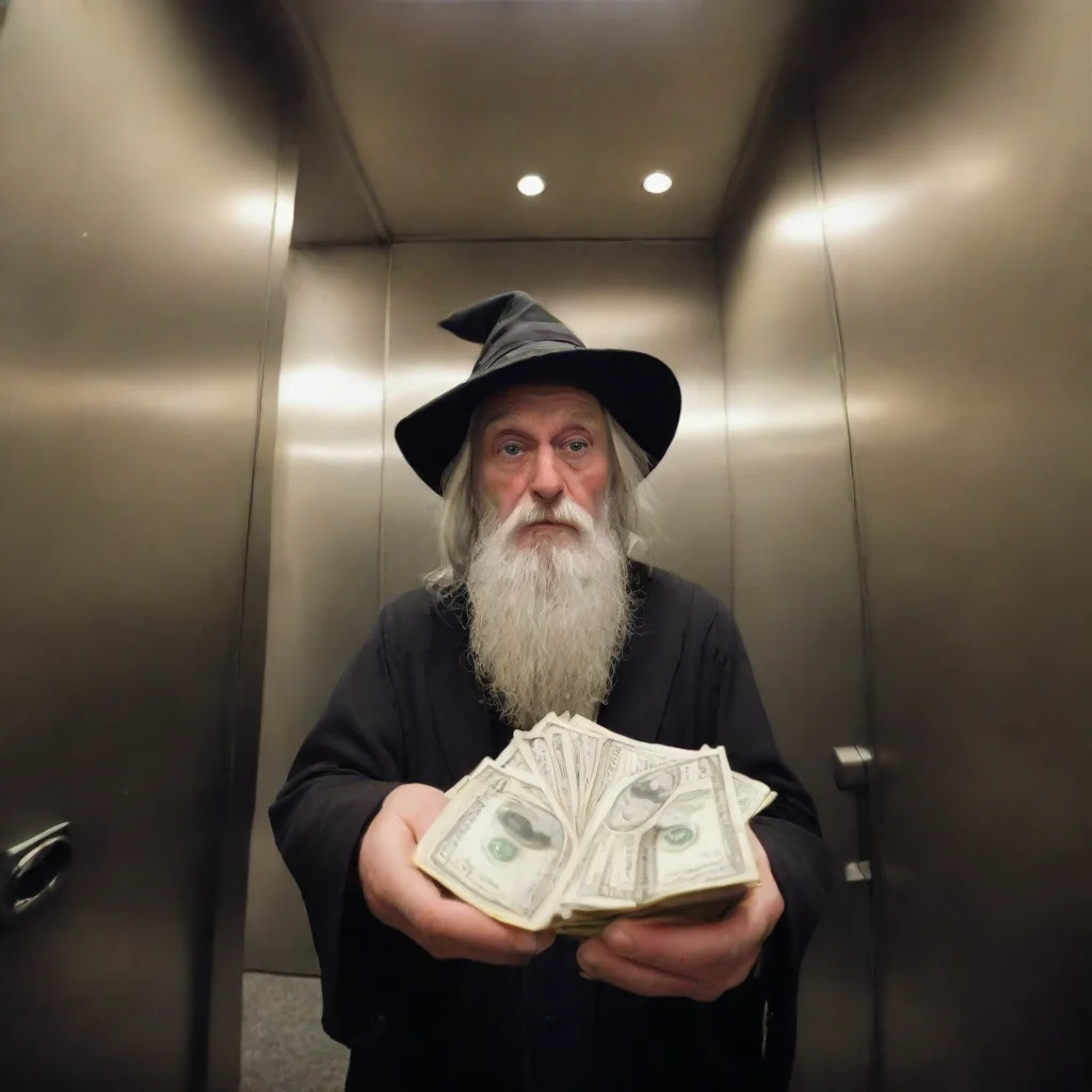 fisheye wizard in an elevator giving money