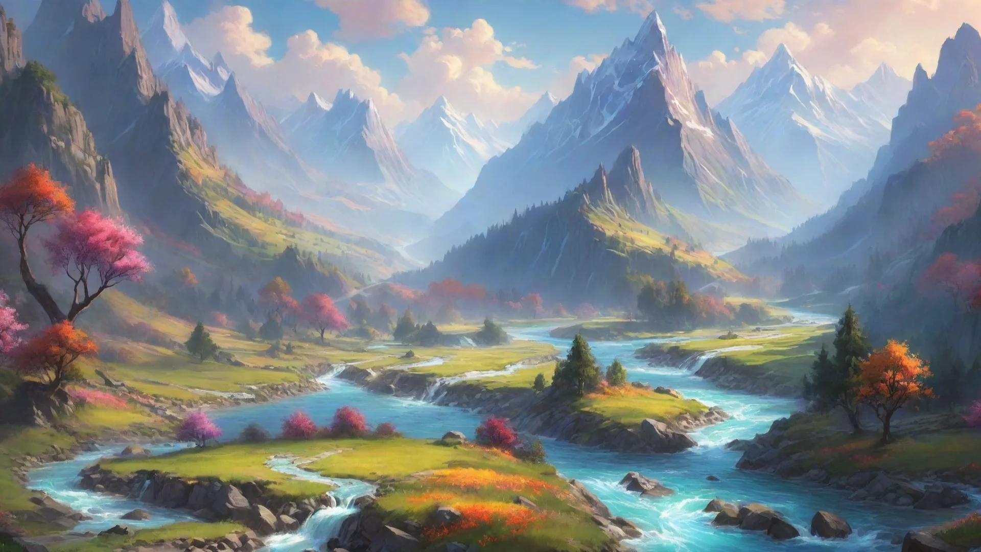 aiflowing rivers mountains hd aesthetic colorful countryside artstation fantasy landscape hdwidescreen