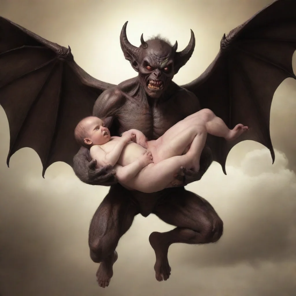 aiflying demon holding a newborn baby