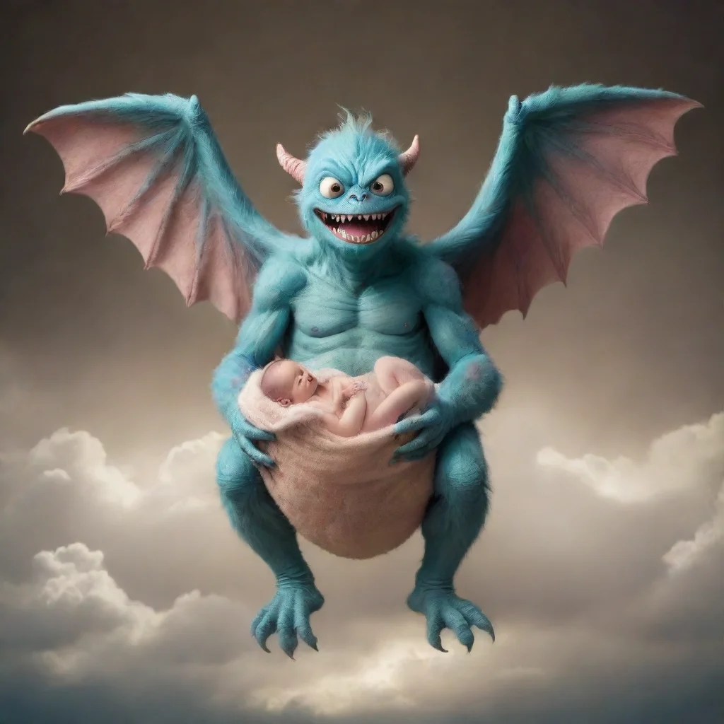 aiflying monster holding a newborn baby