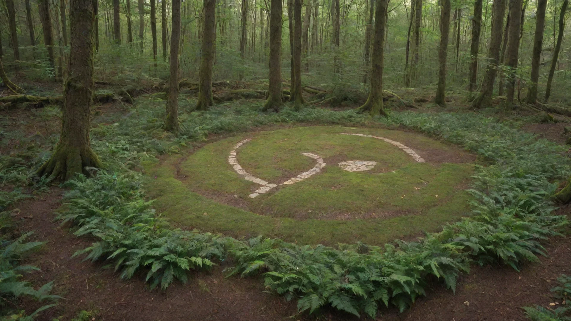 aiforest floor with path in the middle with room for a circular logo in the middle 3360 x 840 in jpg format wide